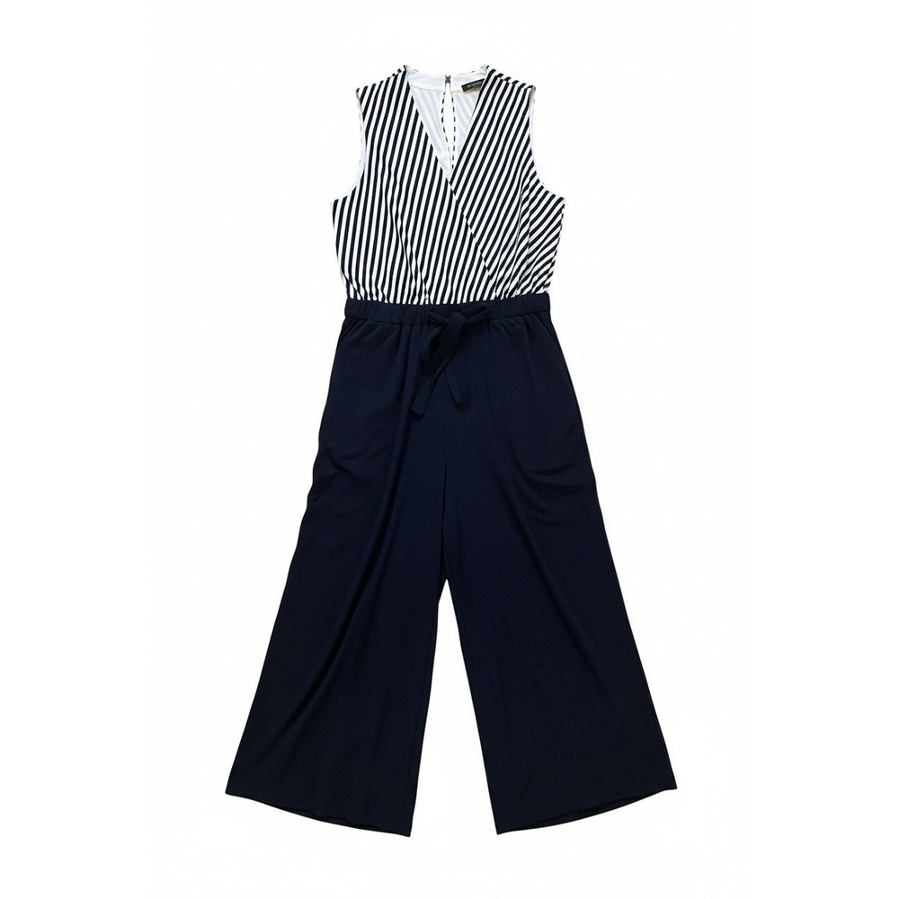 Sandra Darren Jumpsuit Medium Navy Wide Leg Striped Sleeveless Tie Waist Pockets